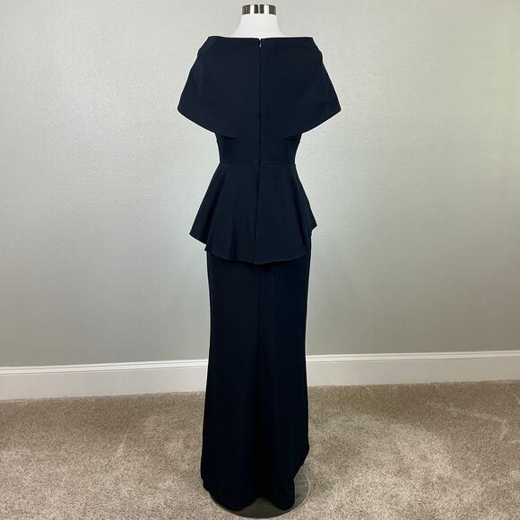 Aidan Mattox Shawl Collar A-Line Evening Gown Blue Size 4 Ruffled Thigh Slit - Picture 6 of 13